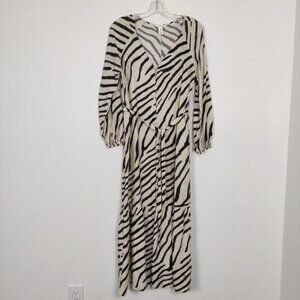 H&M Women's Maxi Dress Sz XS Cream Black Zebra Print Tiered Viscose Button Down
